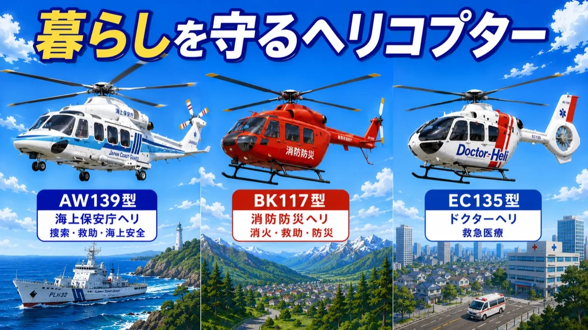 暮らしを守るヘリコプター。ドクターヘリ(救急医療)、消防防災ヘリ(消火・救助・防災)、海上保安庁ヘリ(捜索・救助・海上安全)の3機